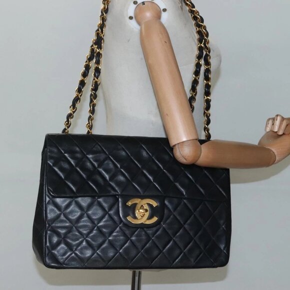 CHANEL Big Matelasse 34 Single Flap Chain Bag Lamb Skin Black CC Auth nb349AM - Picture 3 of 16
